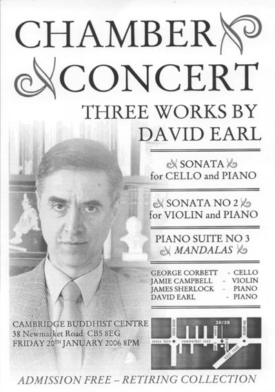 Poster for concert by David Earl, with Jamie Campbell, James Sherlock, and George Corbett. Programme includes Sonata for Cello and Piano, Sonata number 2 for Cello and Piano, and Piano Suite Number 3, "Mandalas"
