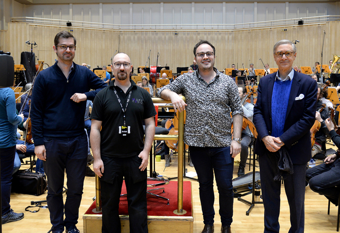 At the RSNO recording of the Carbon Symphony: Matthew Bennett (Producer), Hedd Mofett-Jones (Sound Engineer), Ben Gernon (Conductor) and David Earl (Composer). Credit: RSNO